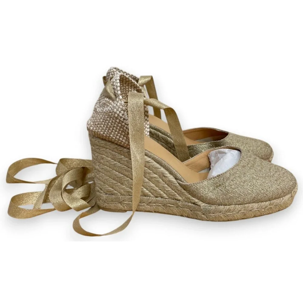 Castaner Carina Wedge Espadrilles Womens 38 7.5 Gold Wedges Sandals Lace Up New